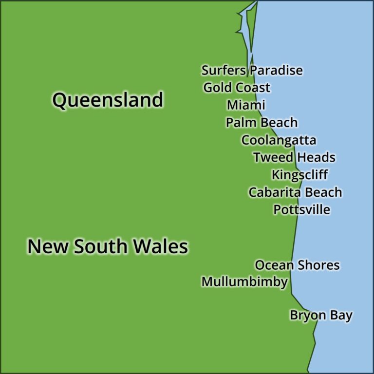 Map of Zen Plumbing service area from Gold Coast down to Byron bay